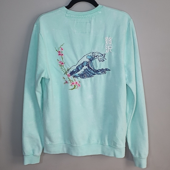 BLIND ROOSTER Embroidered Luxury Ocean‎ Wave Crewneck Sweater Teal Men's Size M - Picture 6 of 11